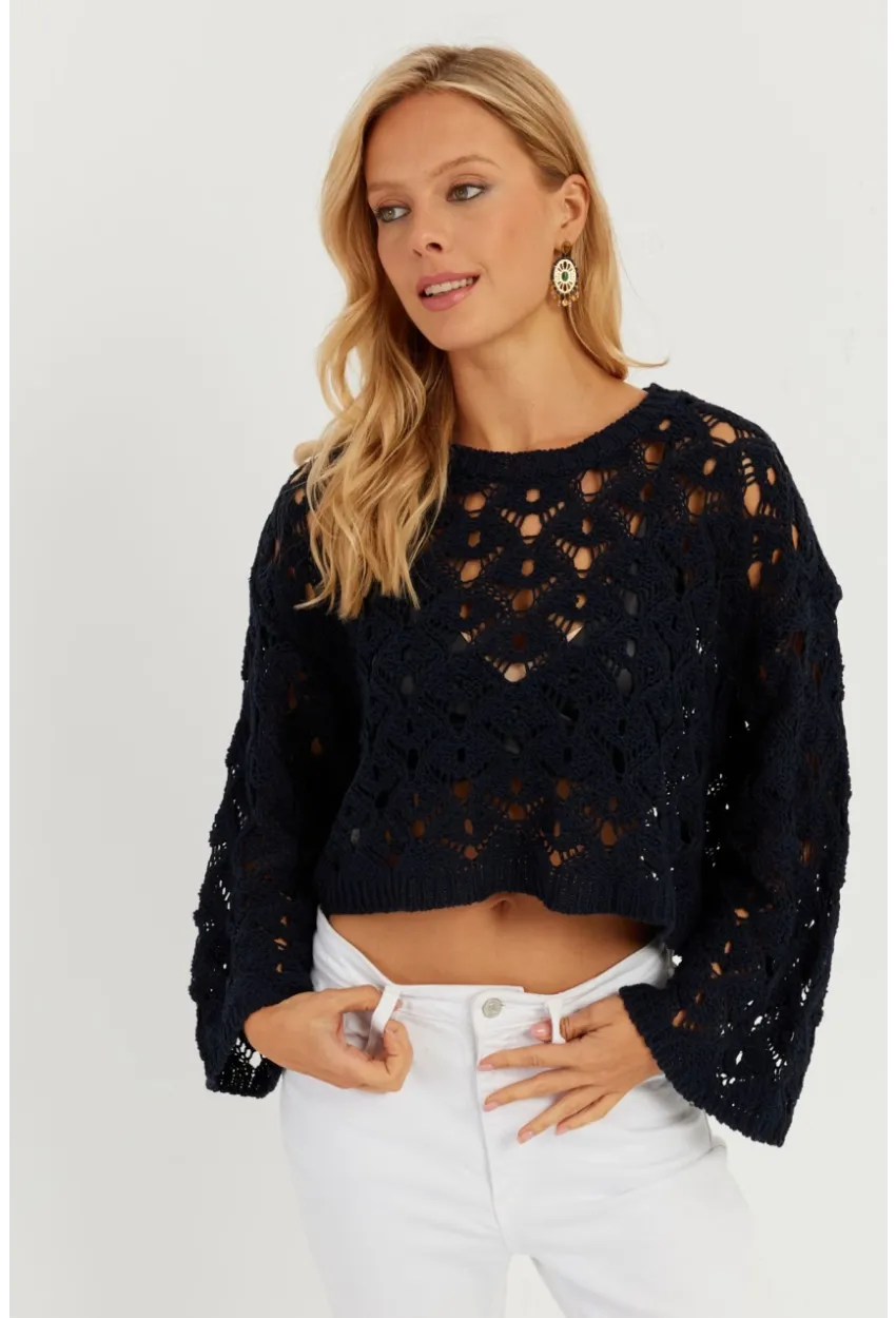 Kadın Lacivert İspanyol Kol Ajurlu Triko Bluz MİW0761