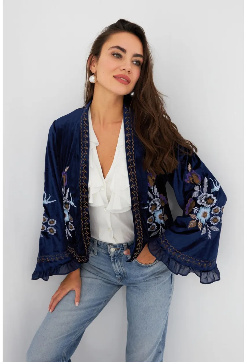 Kadın Lacivert İspanyol Kol Nakışlı Kadife Ceket QS5577