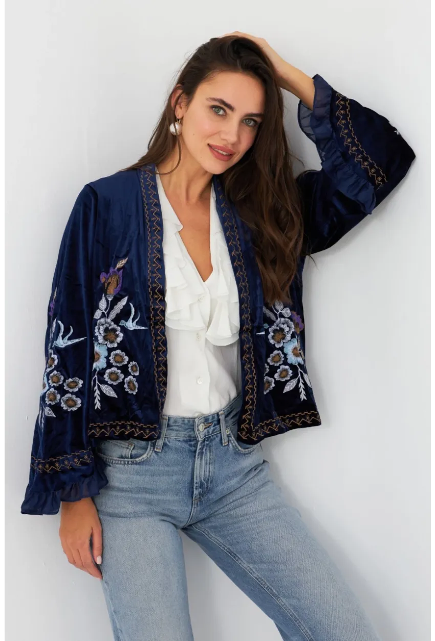 Kadın Lacivert İspanyol Kol Nakışlı Kadife Ceket QS5577