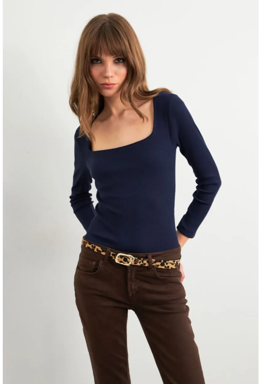 Kadın Lacivert Kare Yaka Kaşkorse Bluz GA101