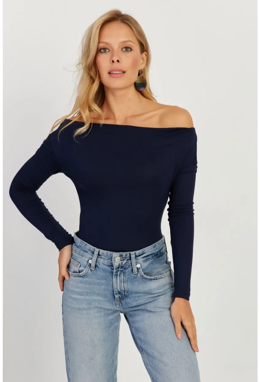 Kadın Lacivert Kayık Yaka Bluz LPP1254