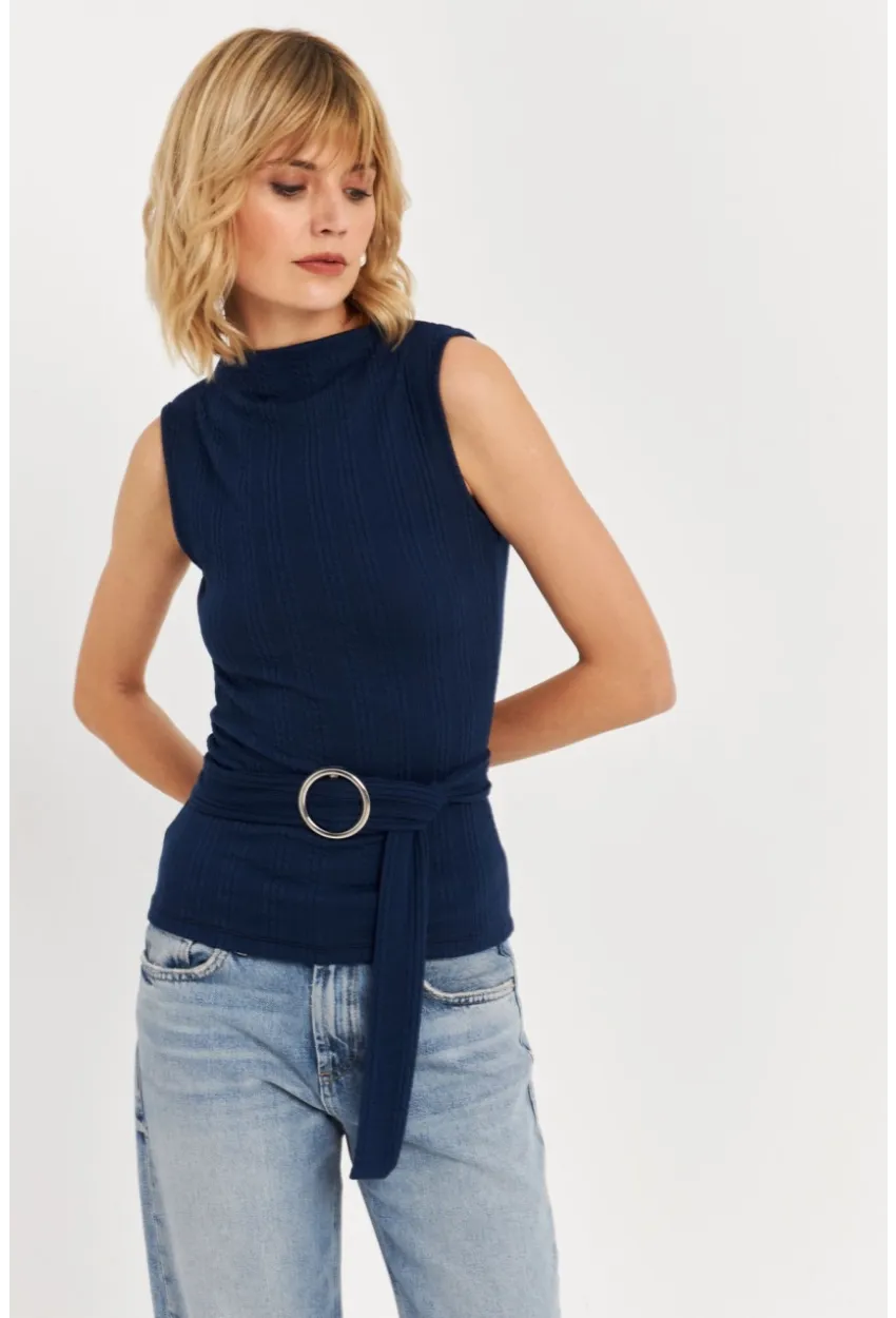 Kadın Lacivert Kemer Aksesuarlı Bluz TF67