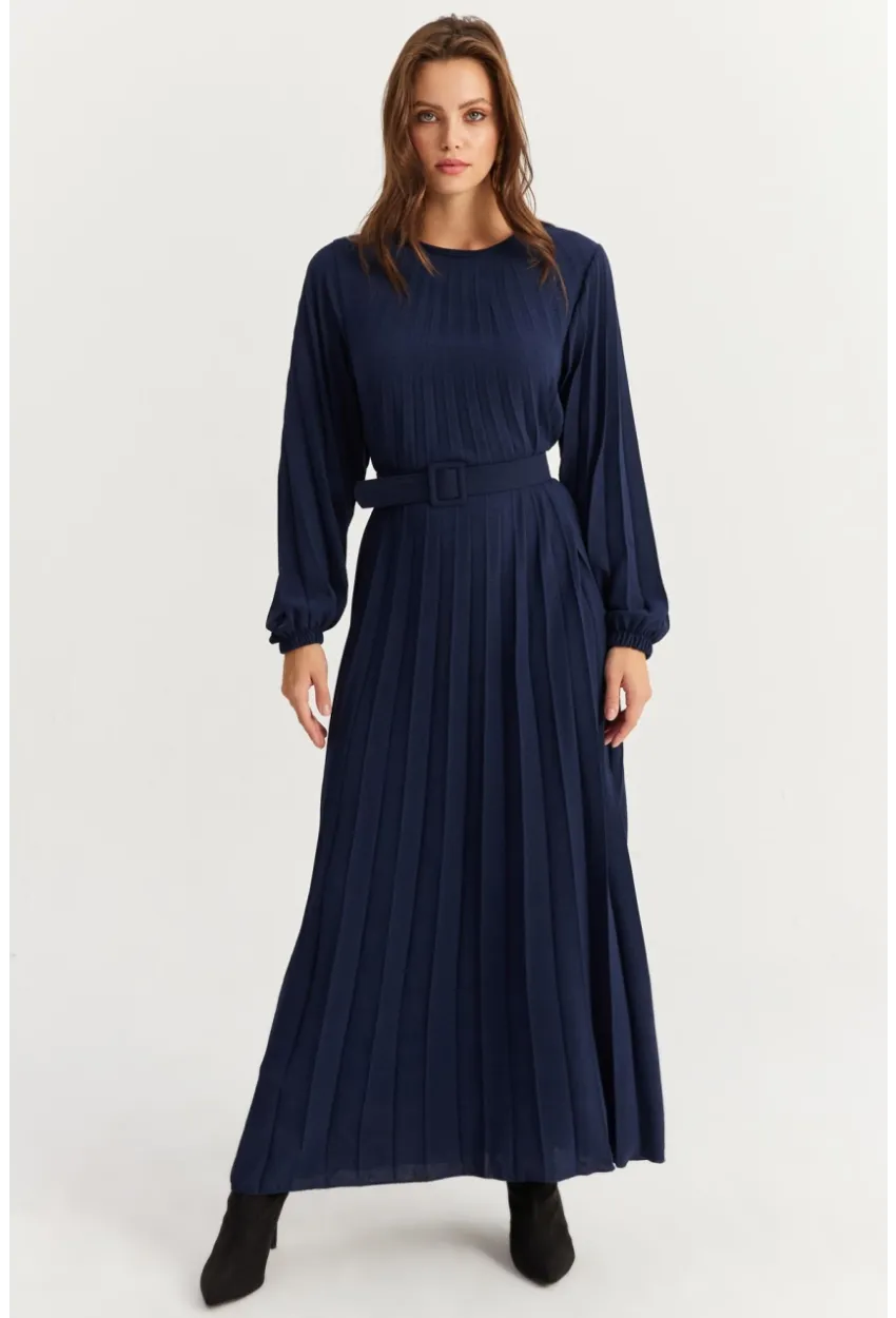 Kadın Lacivert Kemerli Plili Maxi Elbise ALZ500