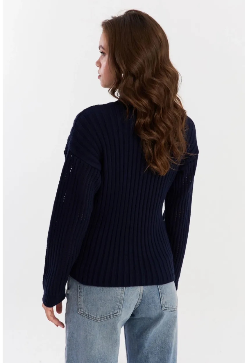 Kadın Lacivert Kolları File Triko Bluz YV288
