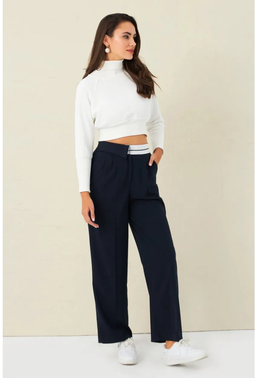 Kadın Lacivert Kontrast Bel Kumaşlı Pantolon ELA6078