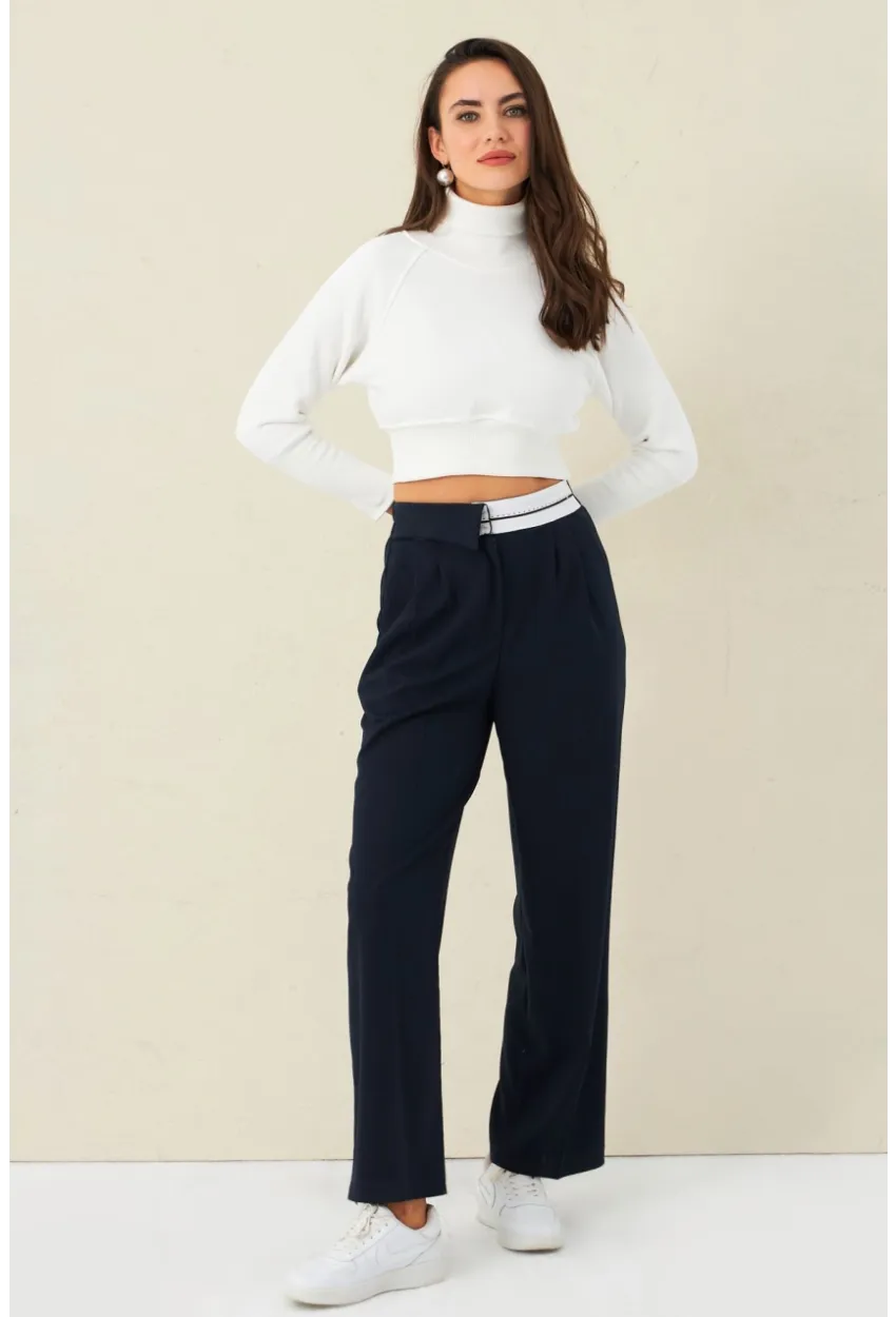 Kadın Lacivert Kontrast Bel Kumaşlı Pantolon ELA6078