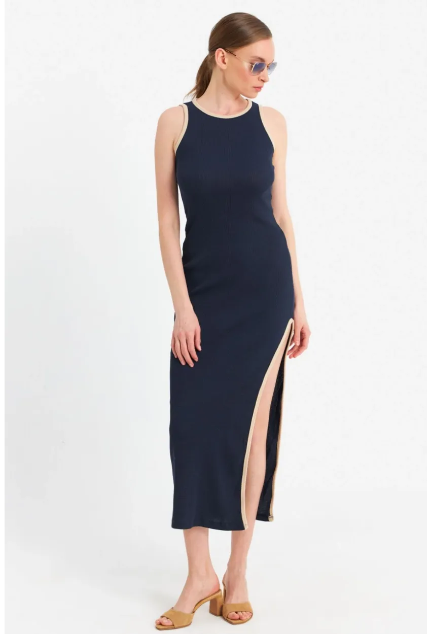 Kadın Lacivert Kontrast Biyeli Yırtmaçlı Maxi Elbise OR2087