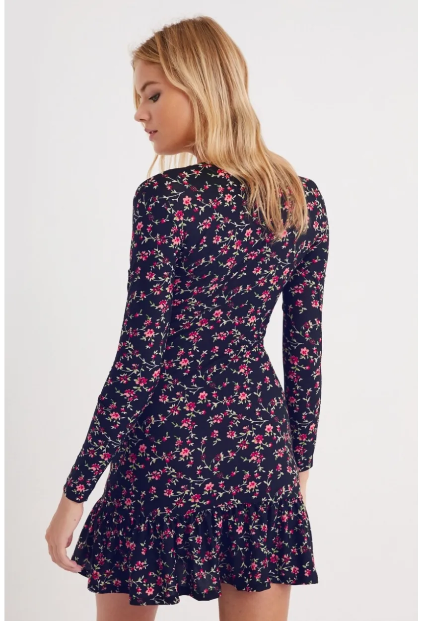 Kadın Lacivert Kruvaze Volanlı Mevsimlik Skater Elbise EY1027