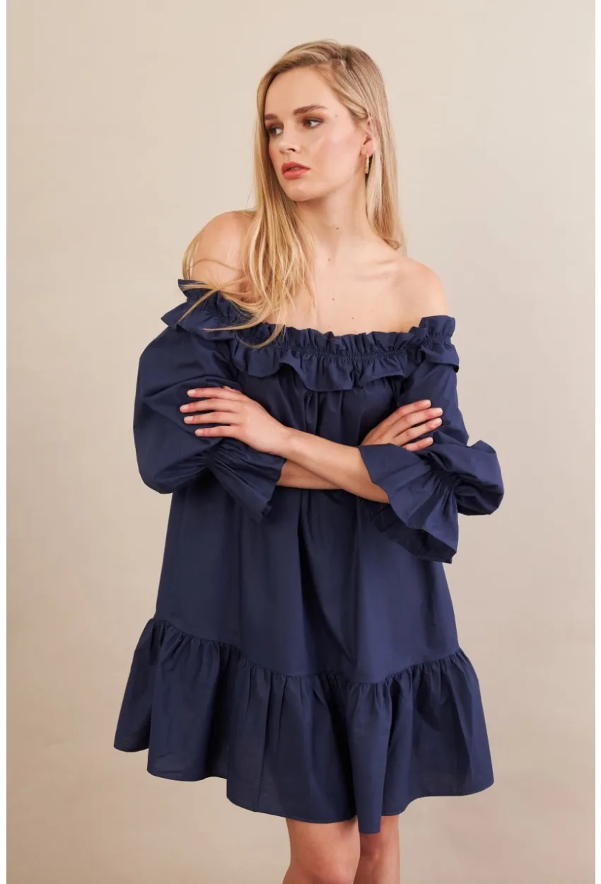 Kadın Lacivert Madonna Yaka Midi Elbise PSG1012