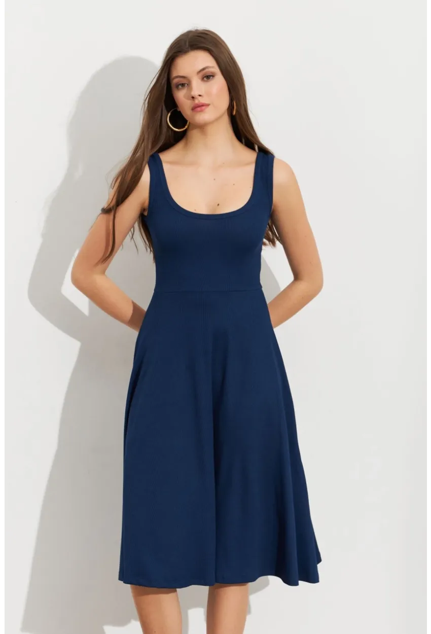 Kadın Lacivert Ön Arka U Çan Etekli Midi Elbise DMR470