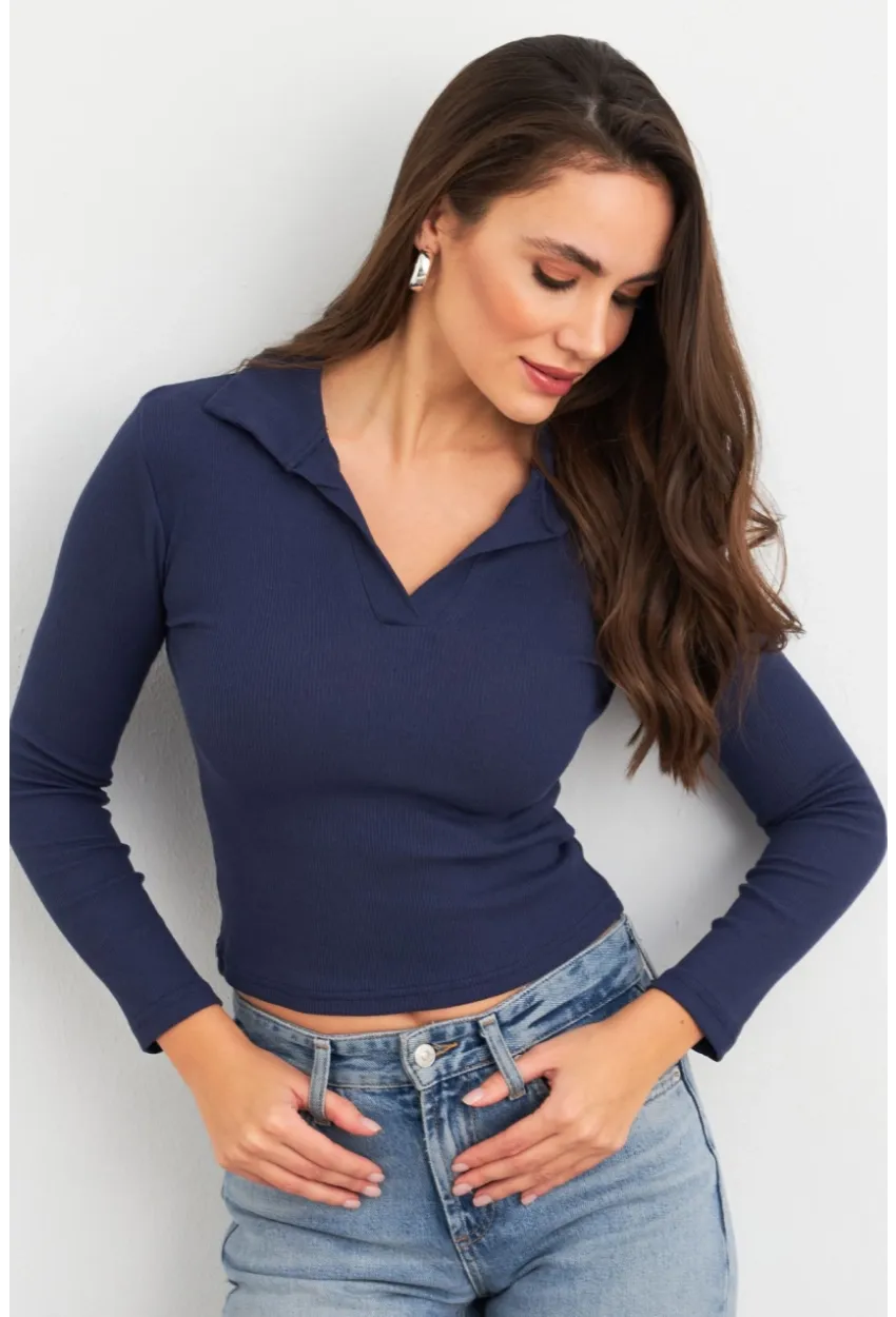 Kadın Lacivert Polo Yaka Kaşkorse Bluz LON3006