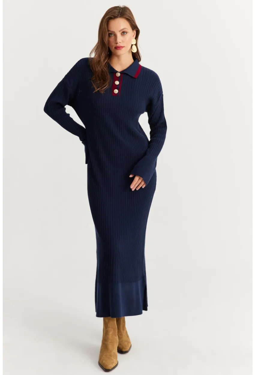 Kadın Lacivert Polo Yaka Triko Maxi Elbise MNUV17
