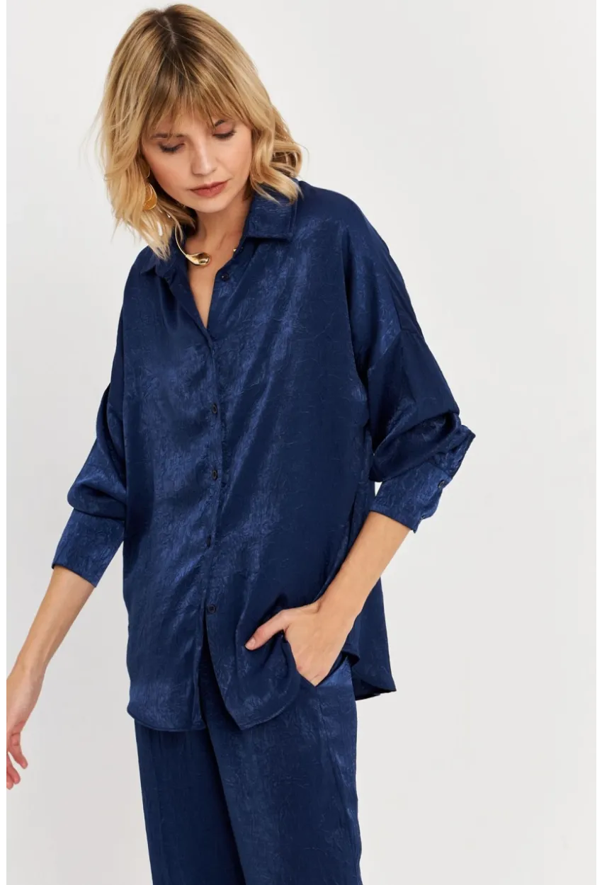 Kadın Lacivert Saten Gömlek MCAR1127
