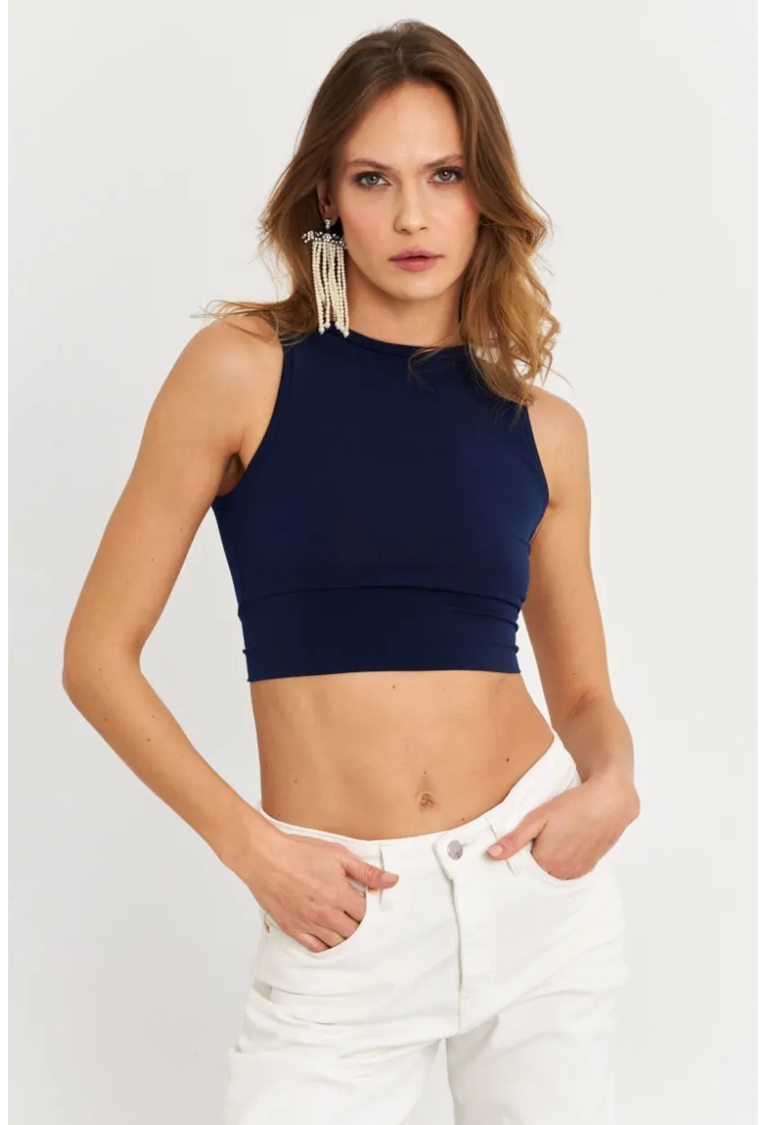 Kadın Lacivert Sırt Bağlamalı Crop Bluz EY2733