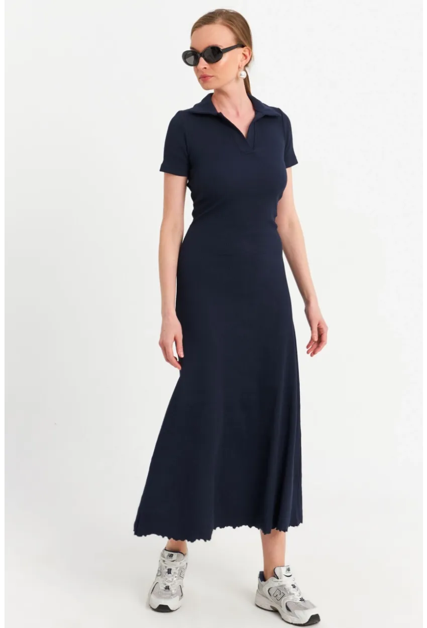 Kadın Lacivert Sırt Bağlamalı Kaşkorse Midi Elbise MFRY0001