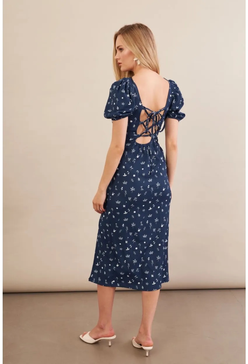 Kadın Lacivert Sırtı Detaylı Çiçekli Midi Elbise CHN103