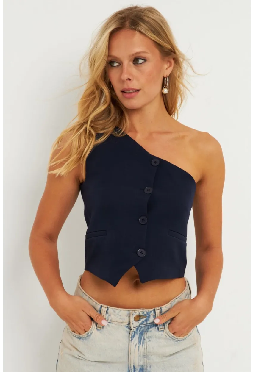 Kadın Lacivert Tek Omuz Astarlı Yelek TW60140