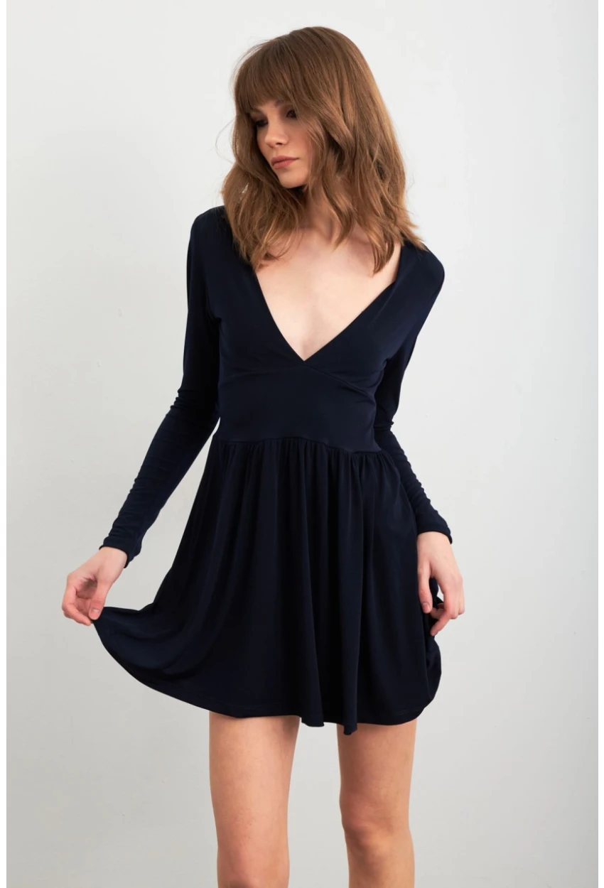 Kadın Lacivert V Yaka Mini Elbise LİK17
