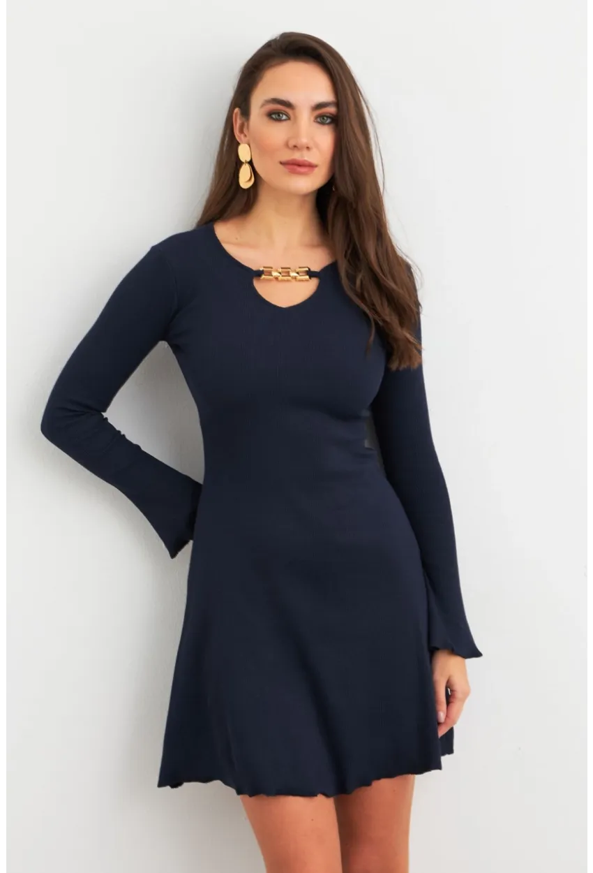 Kadın Lacivert Yakası Aksesuarlı Mini Elbise FRY2267