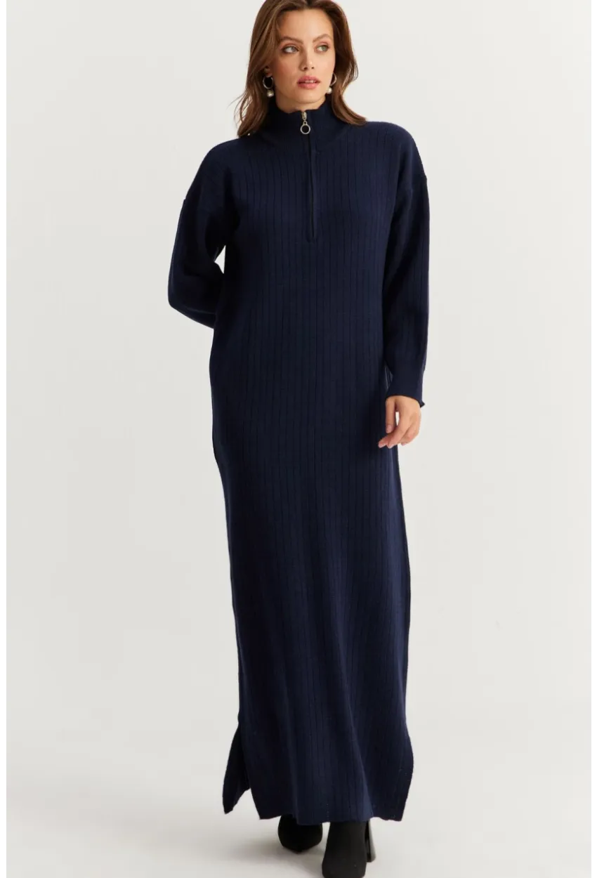 Kadın Lacivert Yakası Fermuarlı Triko Maxi Elbise MNUV10