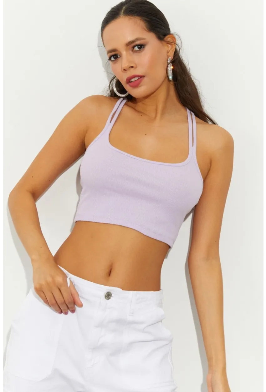 Kadın Lila Sırtı Halkalı Kaşkorse Crop Bluz B2552