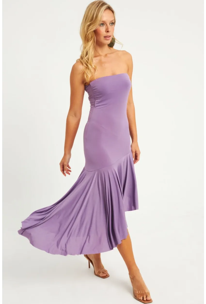 Kadın Lila Straplez Asimetrik Midi Elbise DMR337