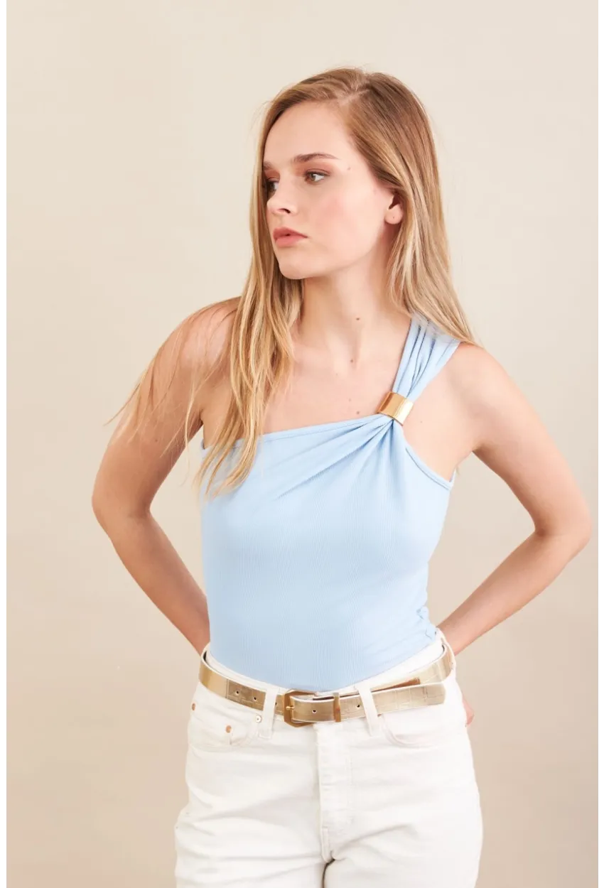 Kadın Mavi Asimetrik Aksesuarlı Bluz FRY2311