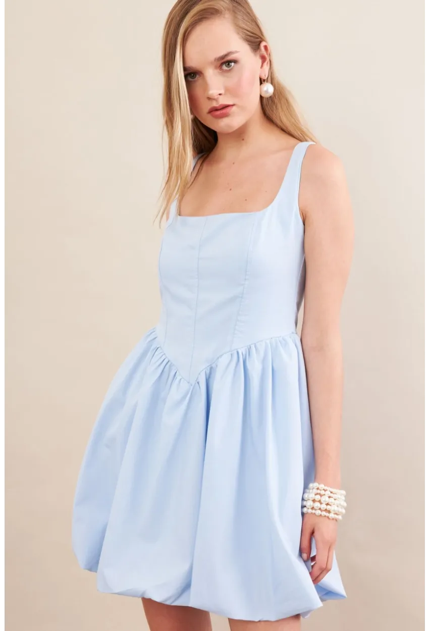 Kadın Mavi Askılı Mini Balon Elbise ERL105
