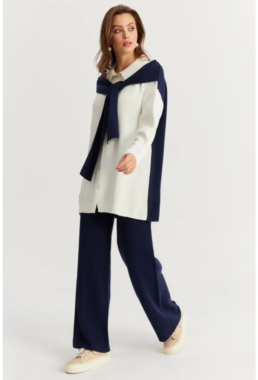 Kadın Mavi Atkılı Triko Hırka Alt Üst Takım NUV20