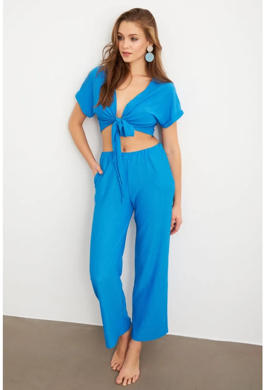 Kadın Mavi Bağlamalı Bürümcük Takım Q1012