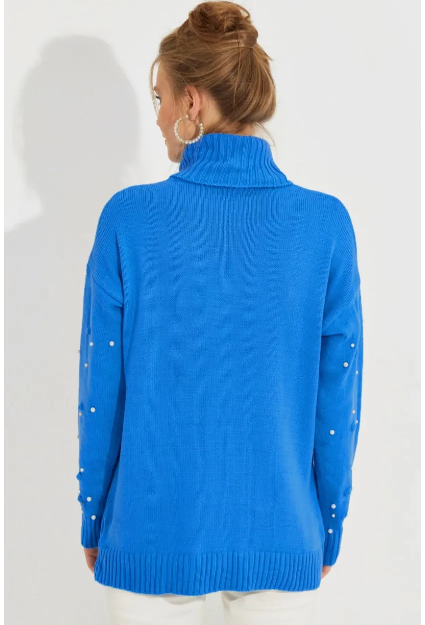 Kadın Mavi Balıkçı Yaka İncili Triko Kazak MSS129