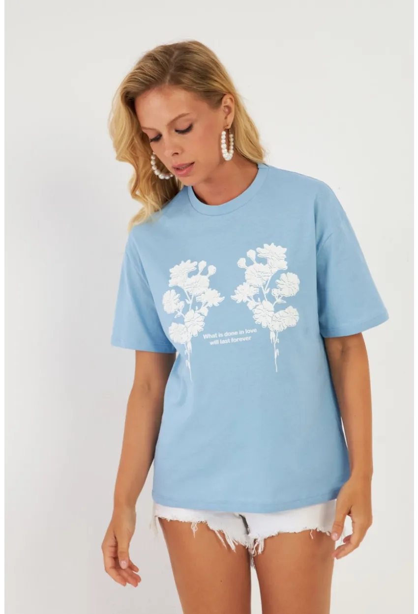 Kadın Mavi Baskılı T-Shirt AYD362