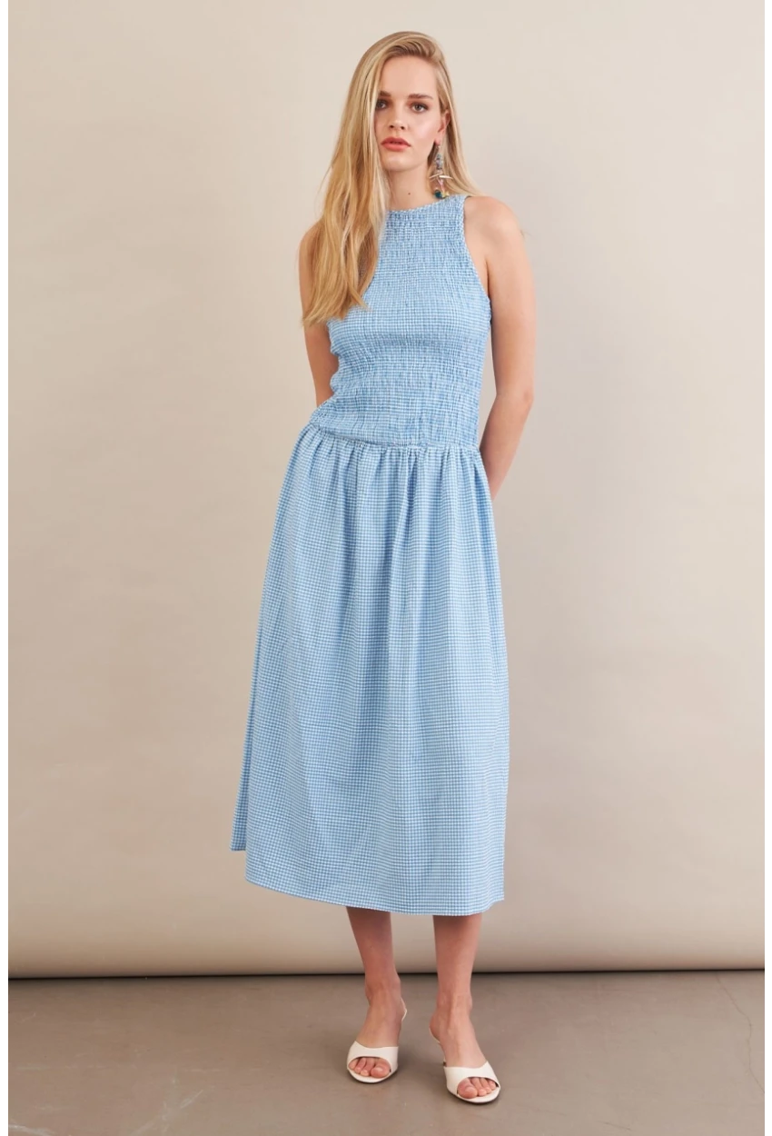 Kadın Mavi Beli Lastikli Gipeli Midi Elbise ZH130