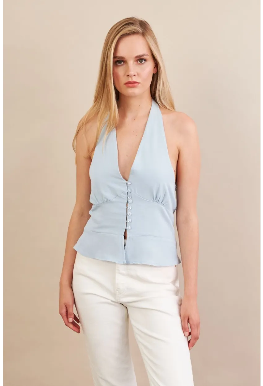 Kadın Mavi Boyun Bağlamalı Keten Yelek FS129