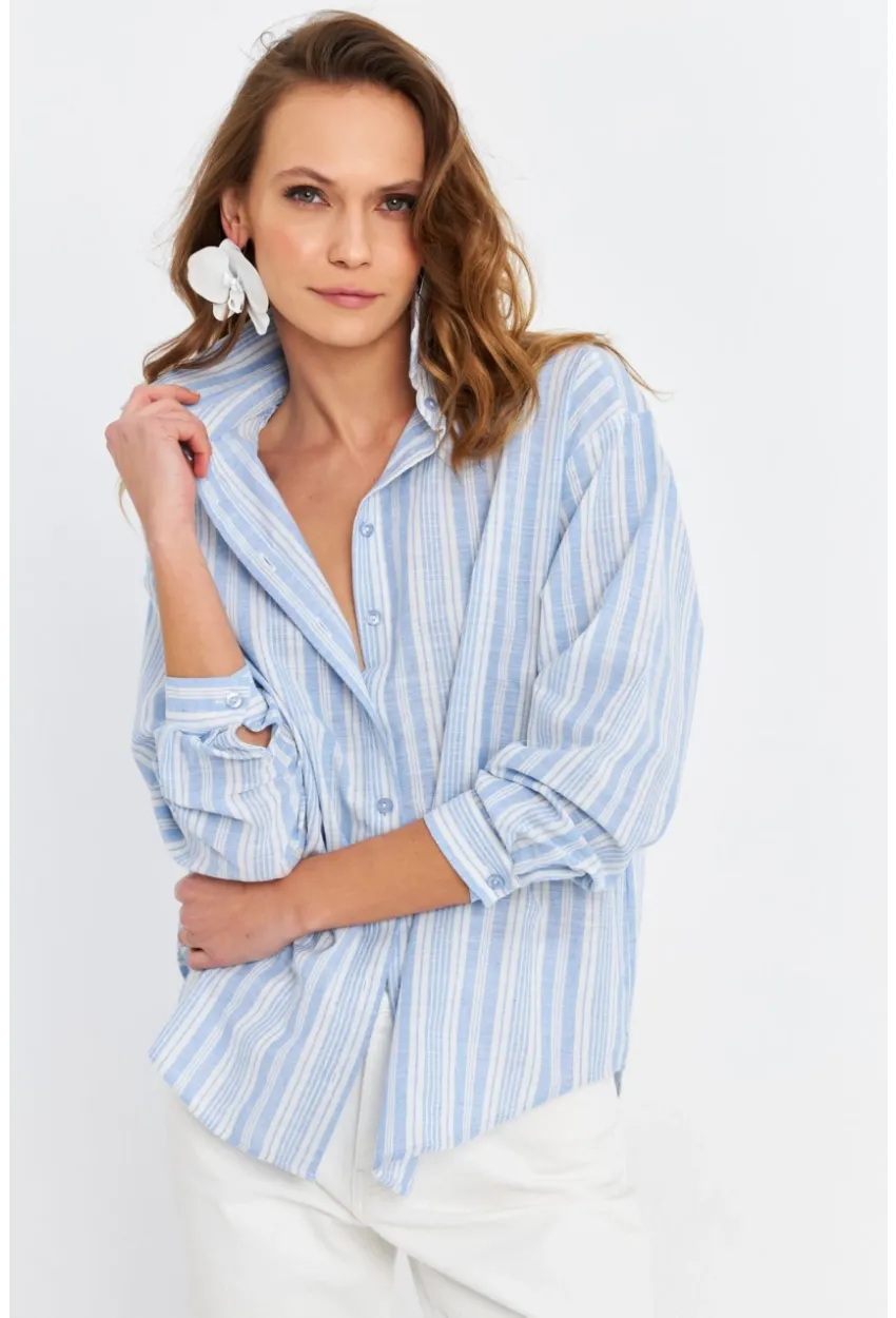 Kadın Mavi Çizgili Keten Gömlek ROP102