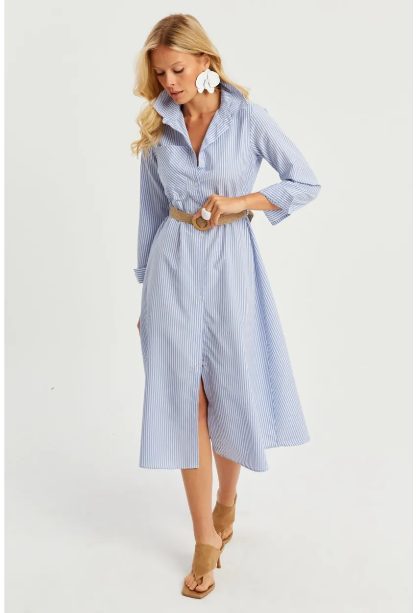 Kadın Mavi Çizgili Midi Gömlek Elbise PP5515