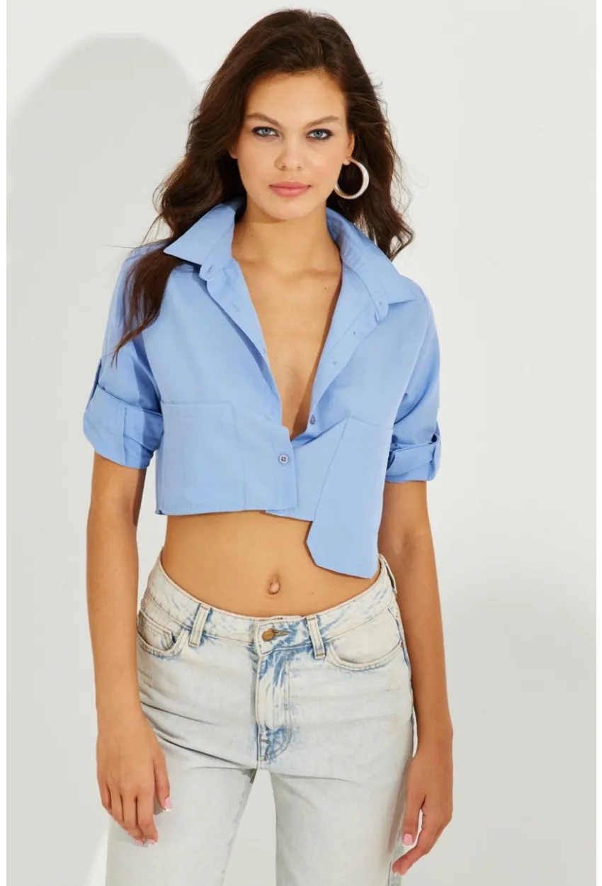 Kadın Mavi Crop Cepli Gömlek TD153