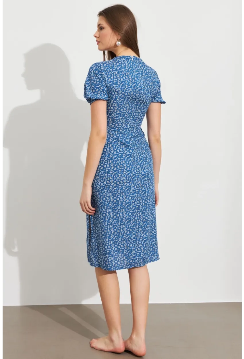 Kadın Mavi Desenli Pencereli Midi Elbise Q1013