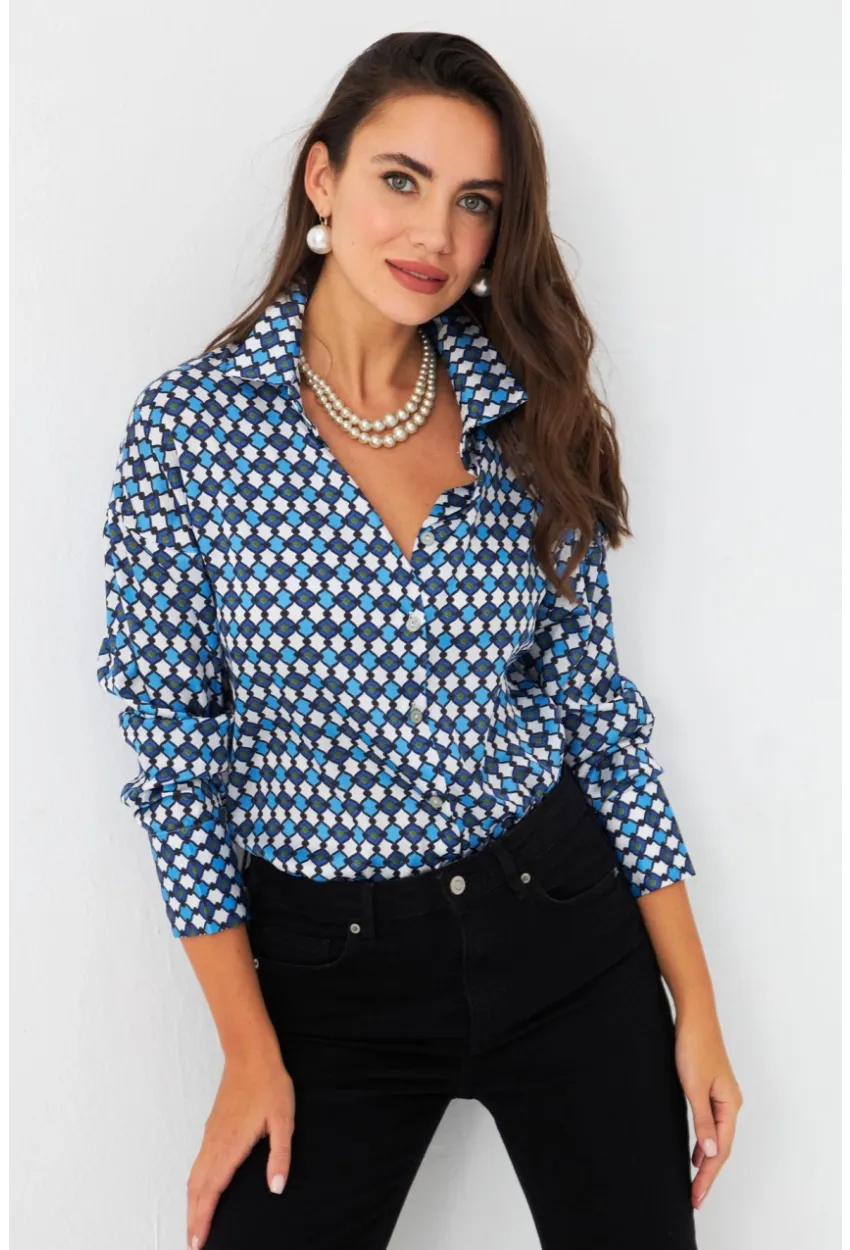 Kadın Mavi Desenli Saten Gömlek SHR9