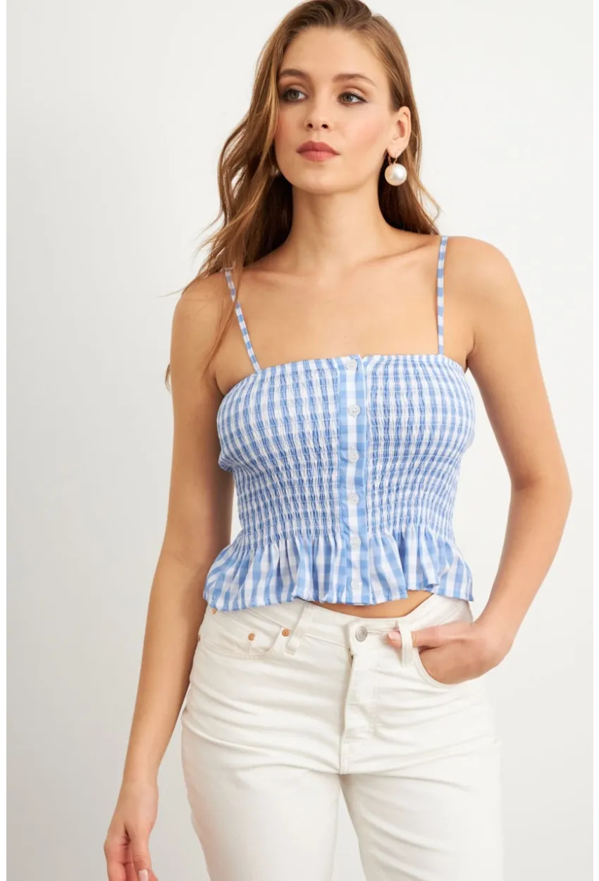 Kadın Mavi Ekose Lastikli Crop Bluz MTK13397