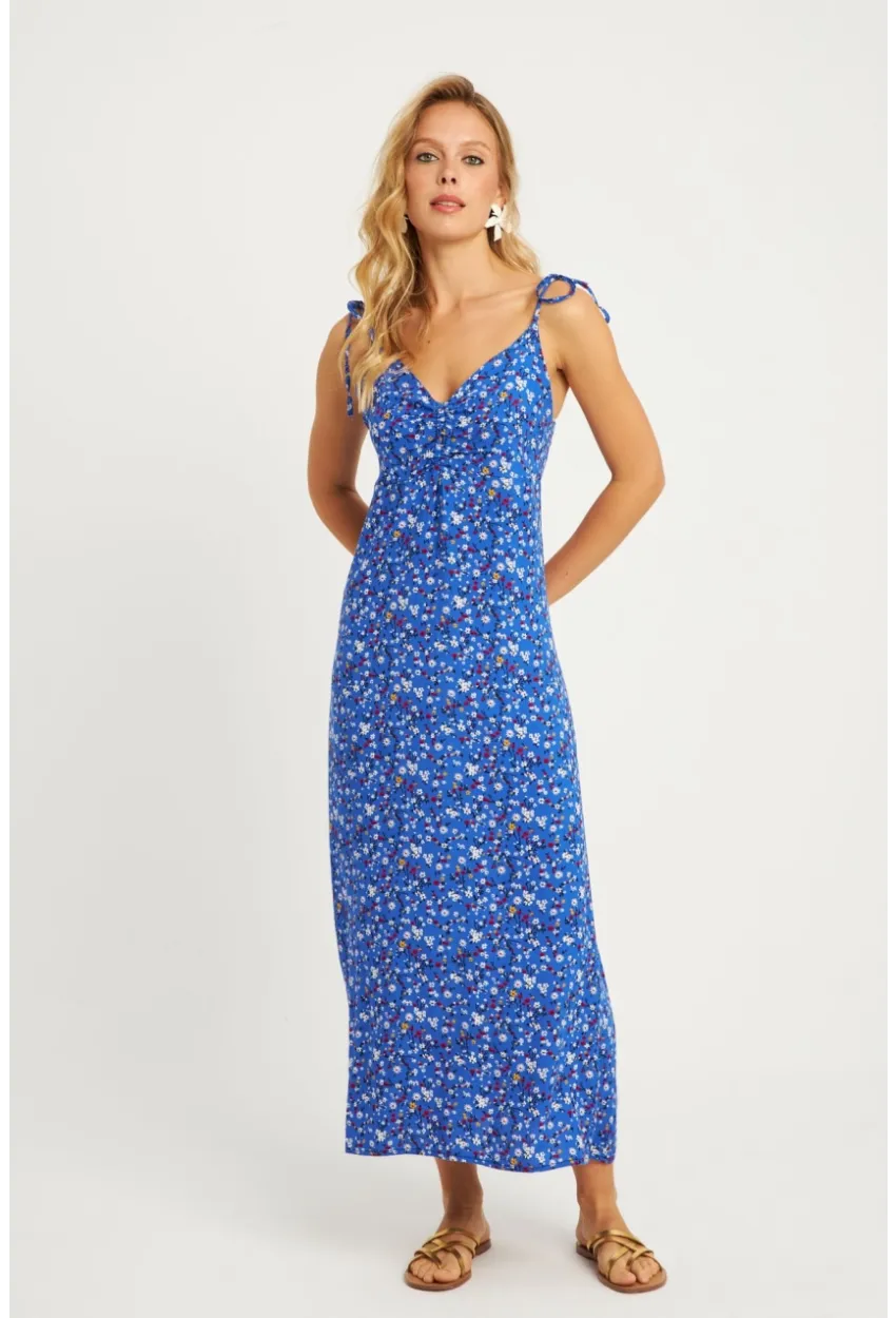 Kadın Mavi İp Askılı Çiçekli Midi Elbise GÇ172