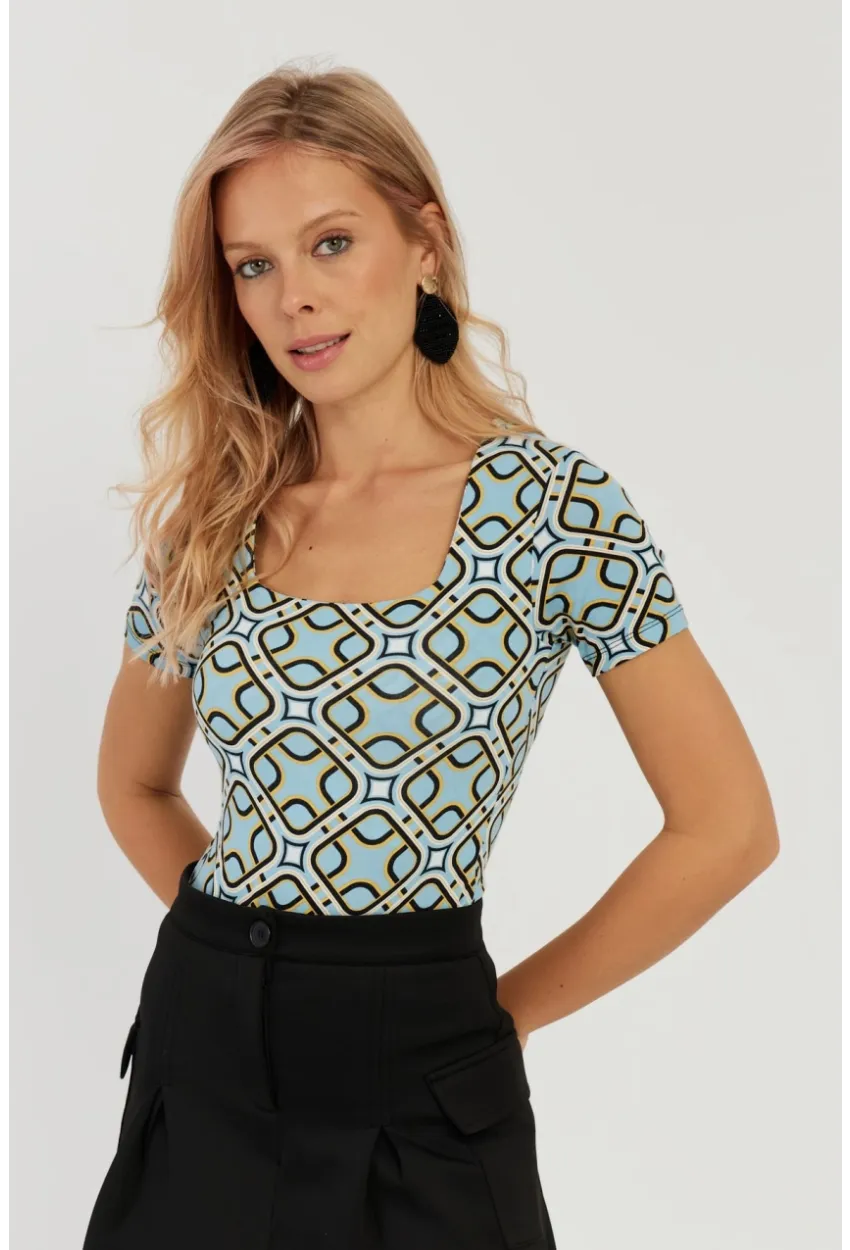Kadın Mavi Kare Yaka Desenli Bluz LPP1258