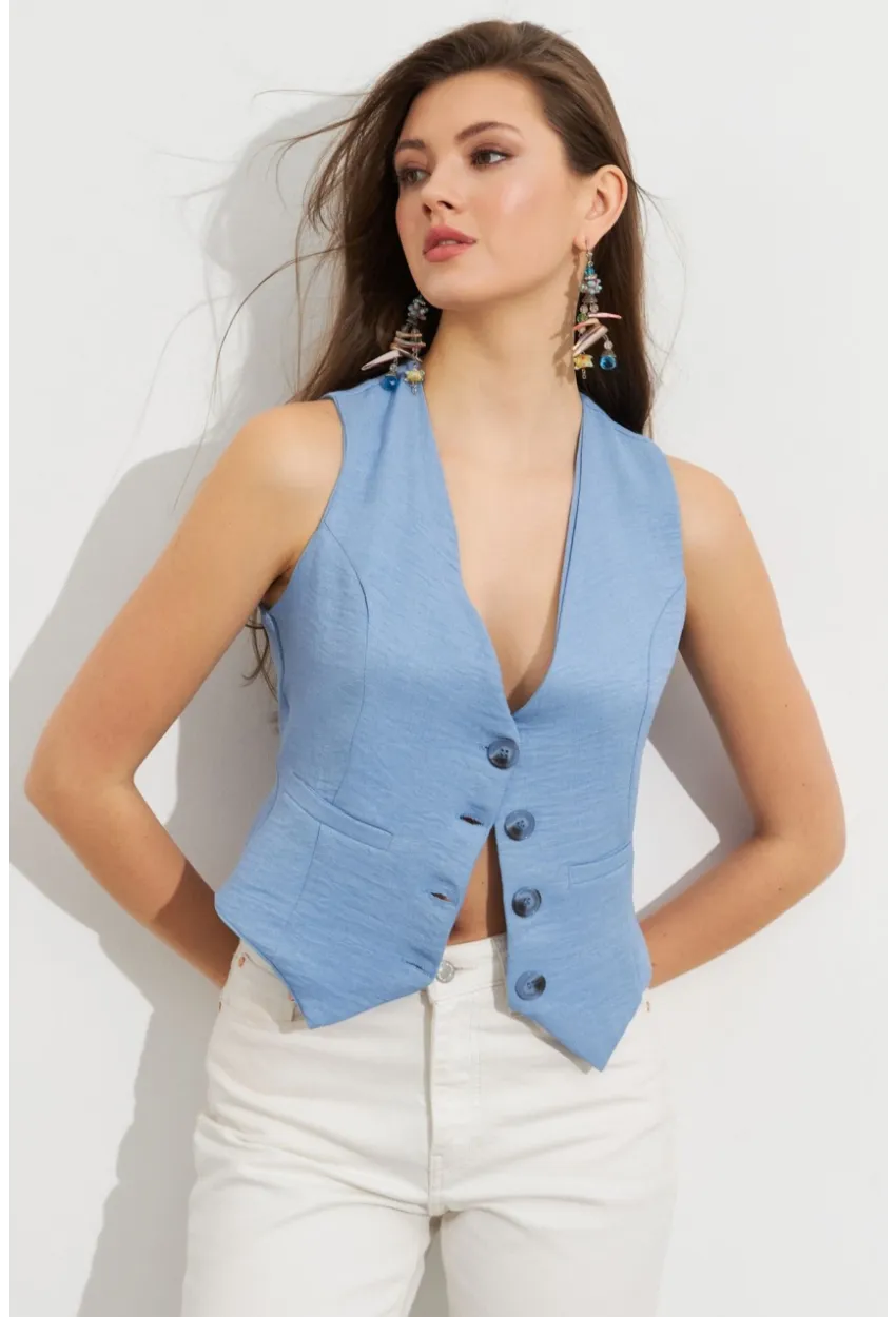 Kadın Mavi Keten Astarlı Yelek TW60046