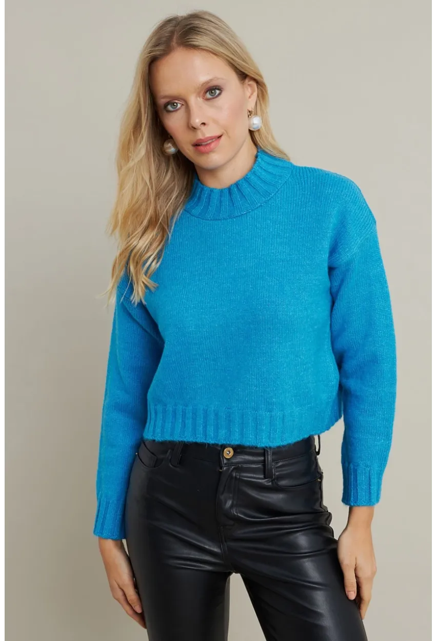 Kadın Mavi Kısa Triko Kazak YV301