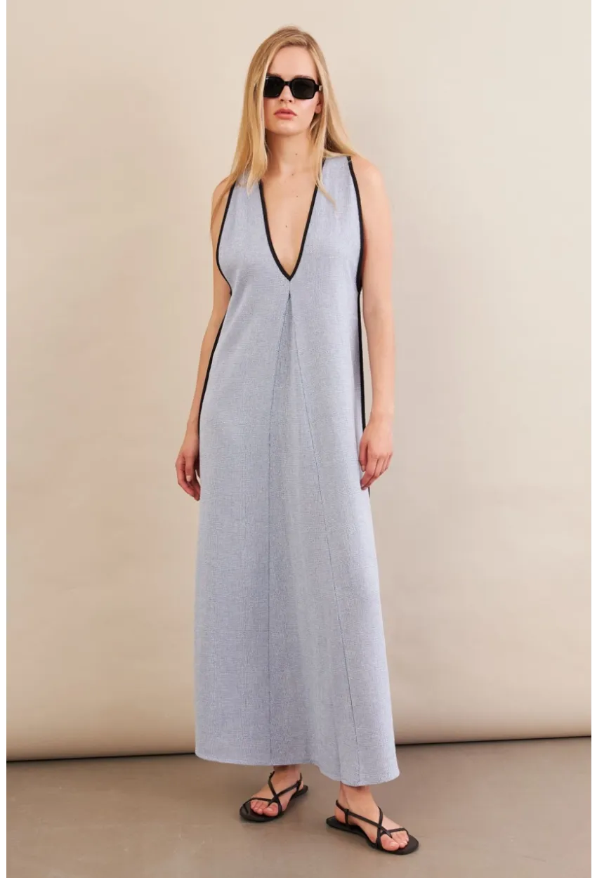 Kadın Mavi Kontrast Çizgili Maxi Keten Elbise MSİ101