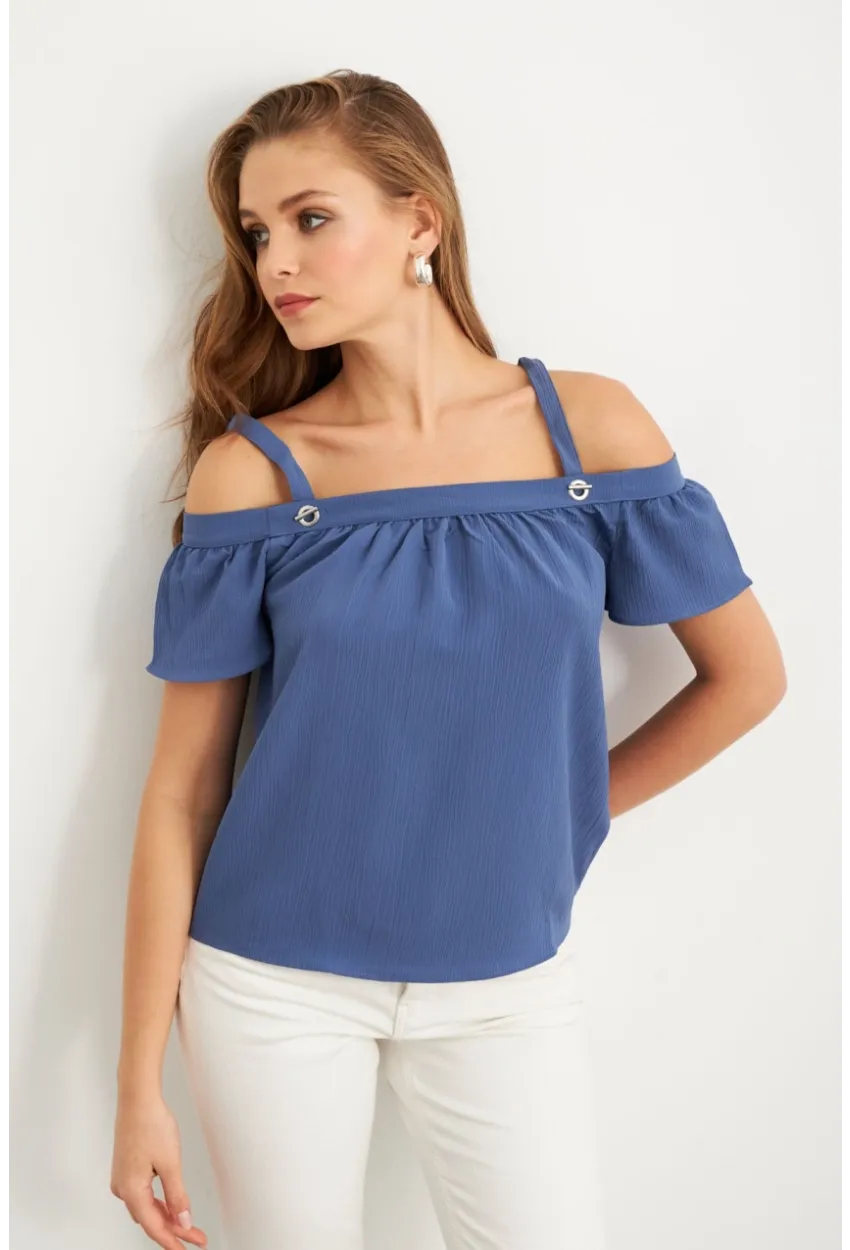 Kadın Mavi Kontrast Kollu Bürümcük Bluz RX452