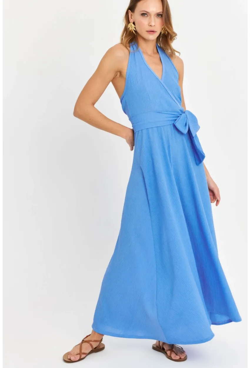 Kadın Mavi Kruvaze Bürümcük Maxi Elbise EY3053