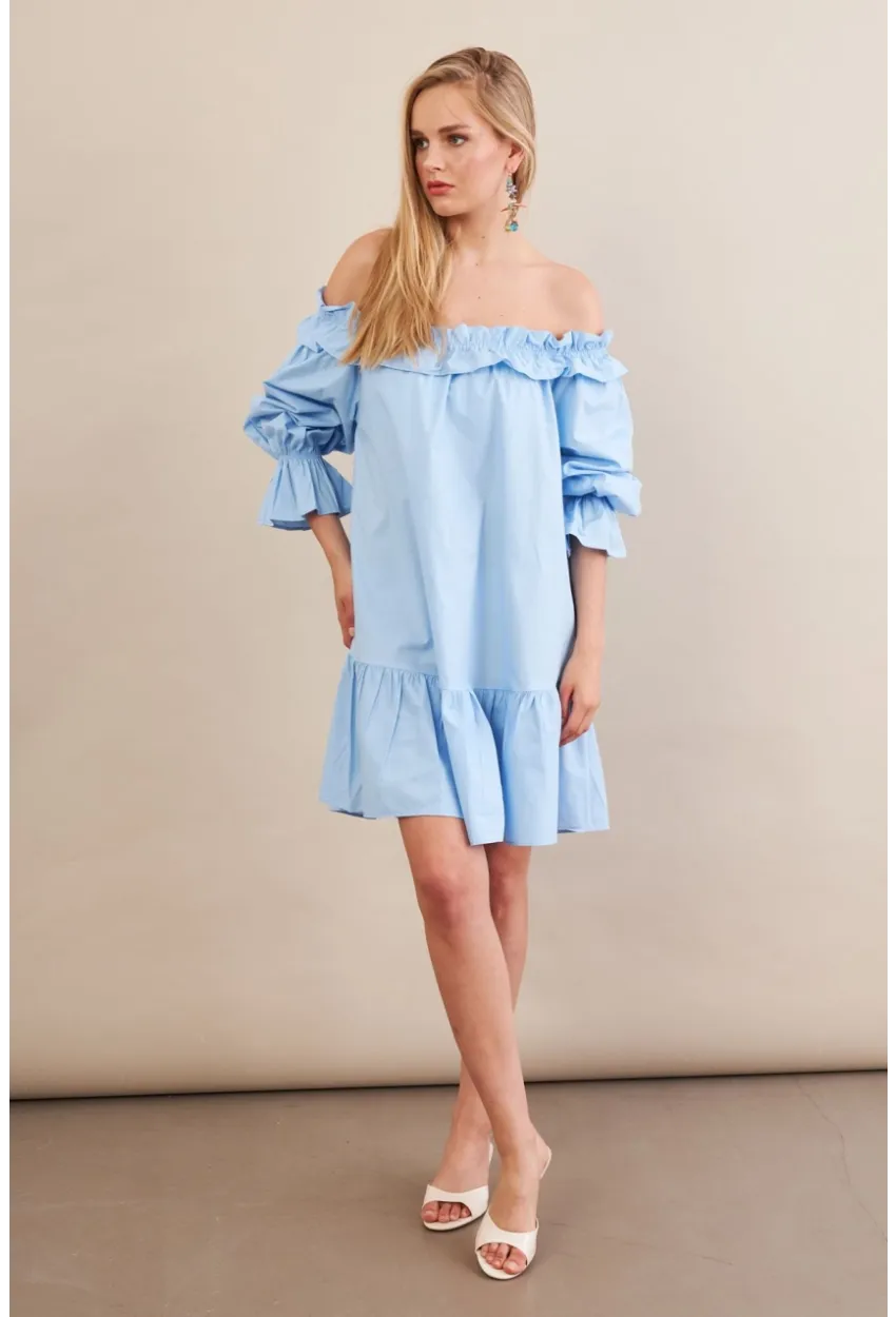 Kadın Mavi Madonna Yaka Midi Elbise PSG1012