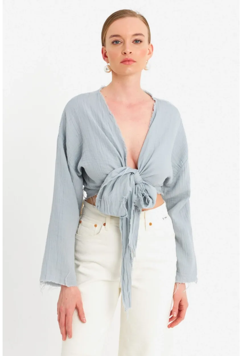 Kadın Mavi Müslin Crop Bluz PC20700