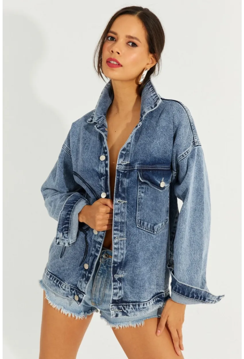 Kadın Mavi Nakışlı Kot Ceket İS801